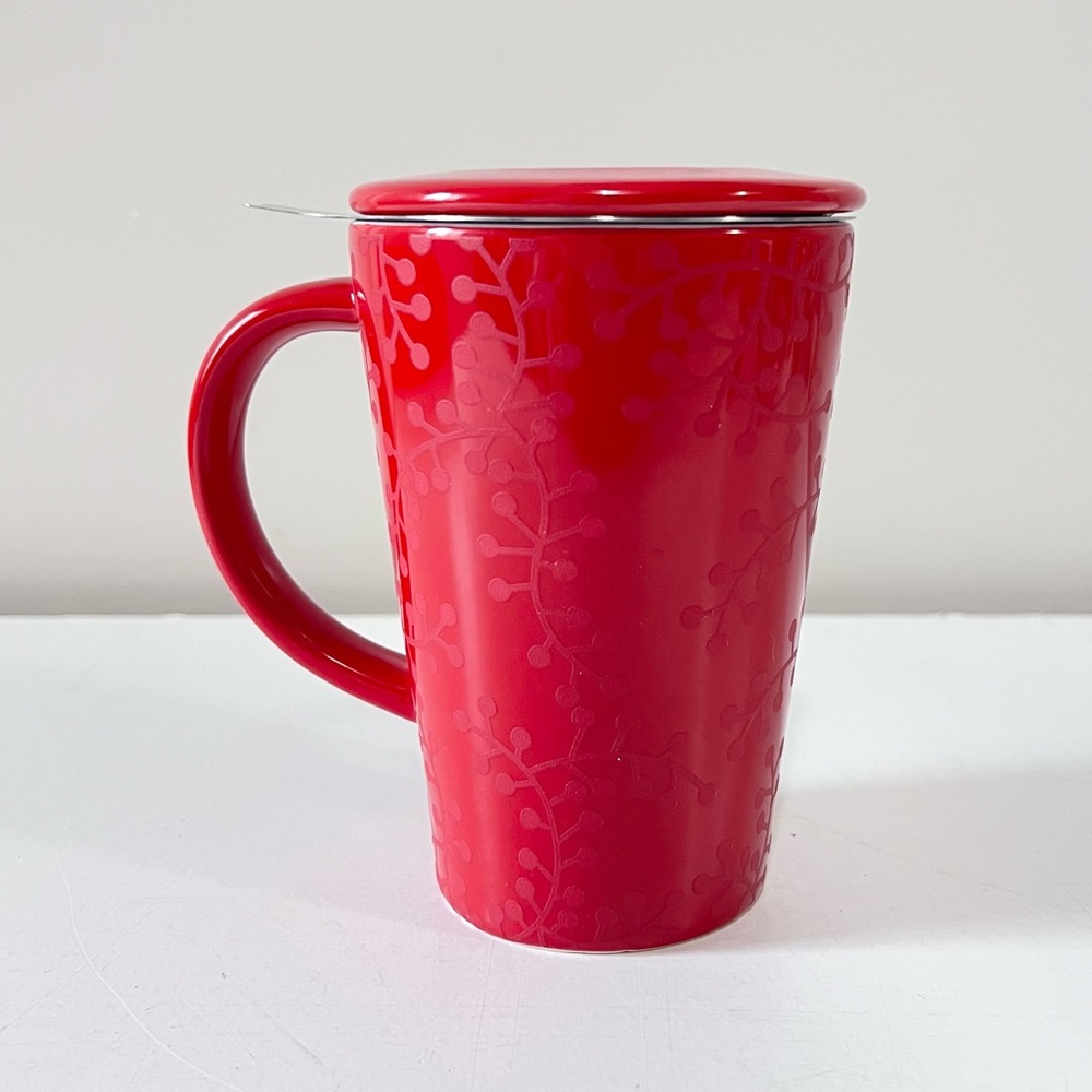David’s Tea Red Holly Coffee Mug with Lid and Tea Infuser